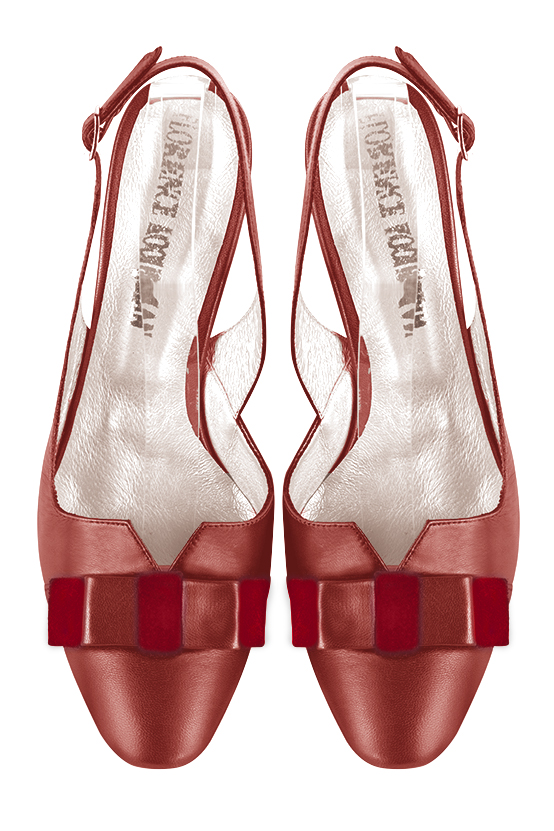Cardinal red women's open back shoes, with a knot. Round toe. High slim heel. Top view - Florence KOOIJMAN